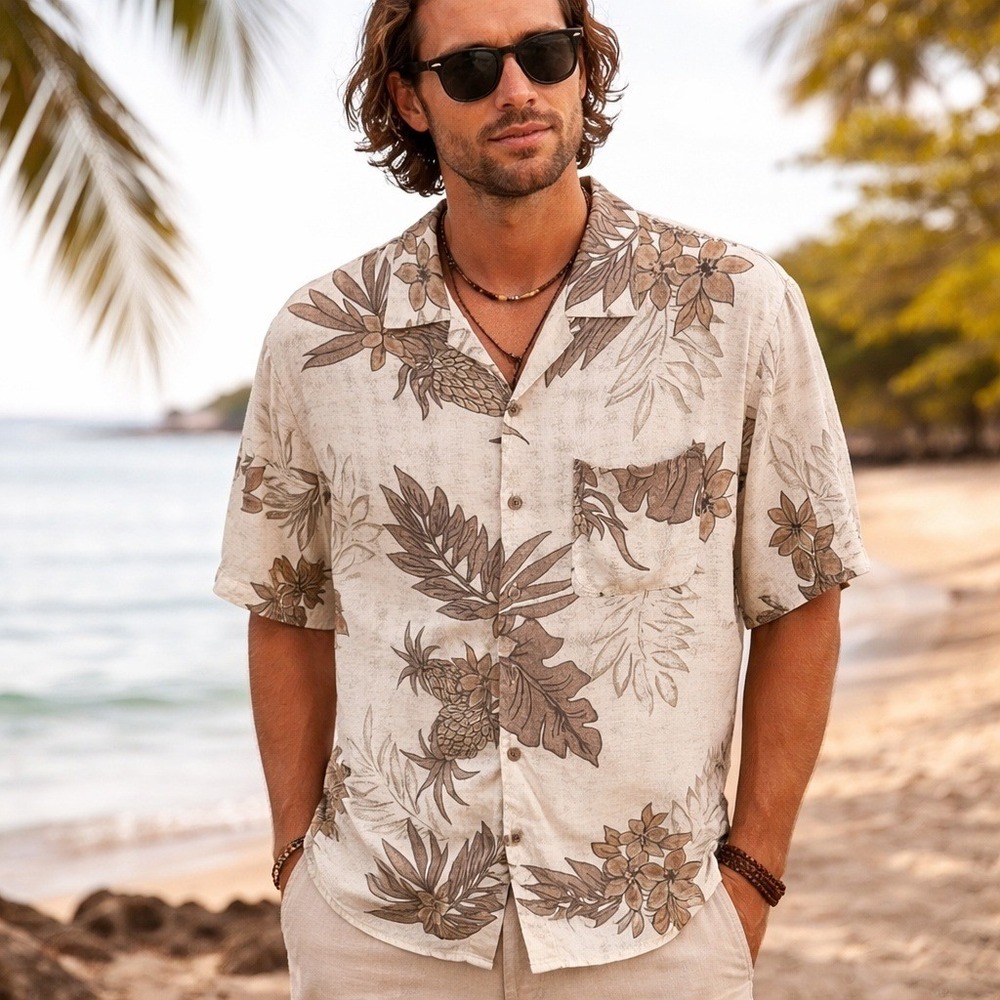 Havana Jacks Cafe Hawaiian Shirt M 23"‎ PTP 100% Rayon Tan Floral Tropical Luau